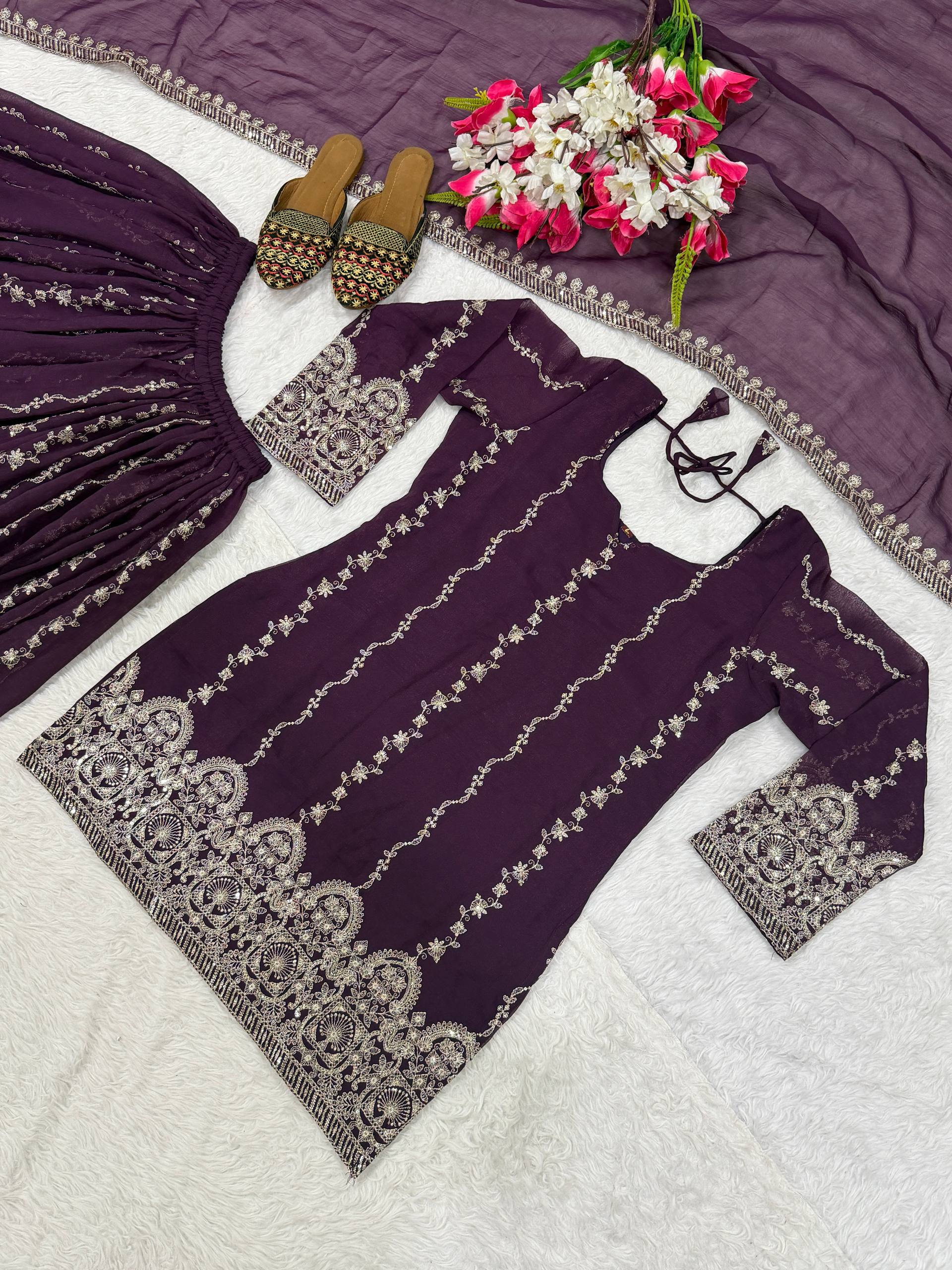 Exquisite Deep Wine Sharara Suit Set Embellished with Intricate Silver Zari Embroidery, Vertical Floral Motifs, and an Ornate Heritage Border